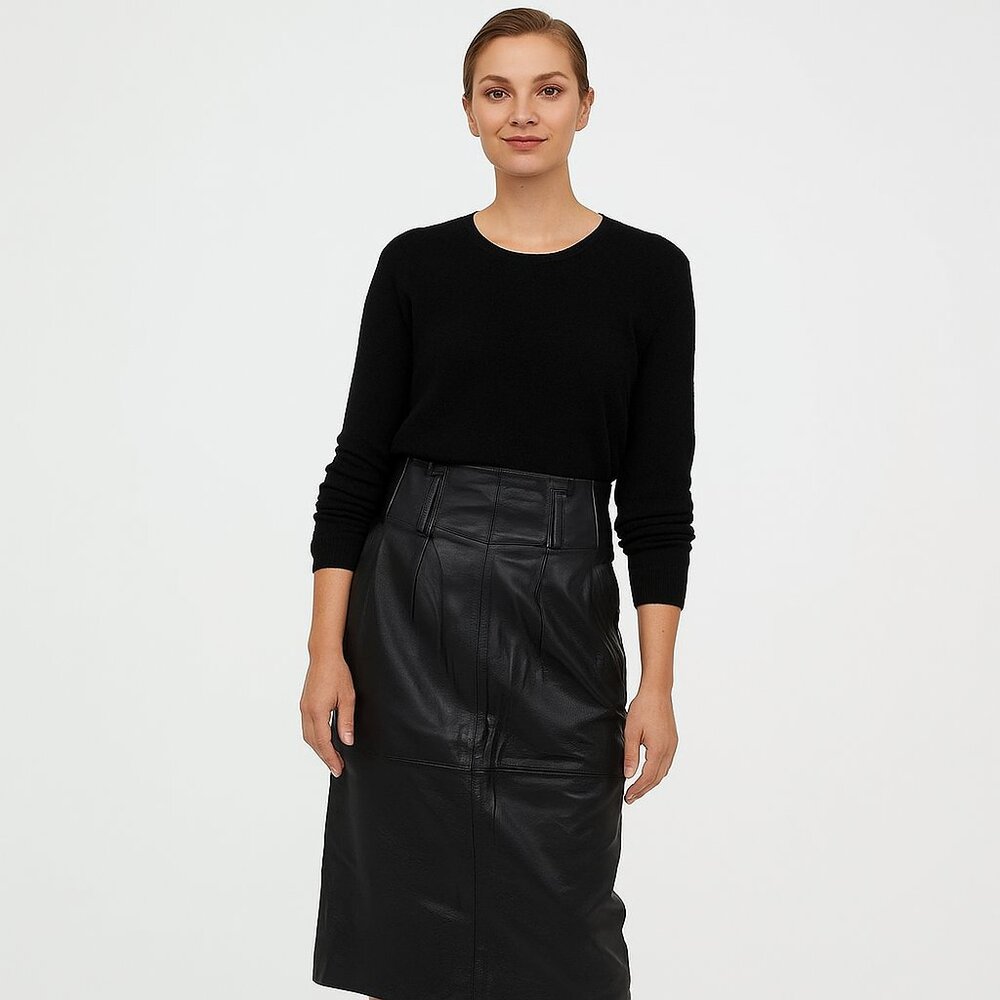 Pia Rucci Black Leather Pencil Skirt 10 High Waisted Fitted Sleekcore Minimalist
